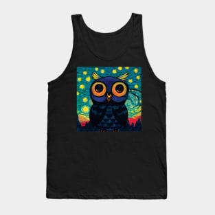 Owl in Van Gogh Style Starry Night Sky with Red Fields Tank Top